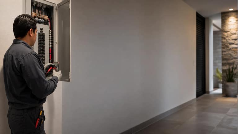 Electricista revisando de forma segura un centro de carga residencial
