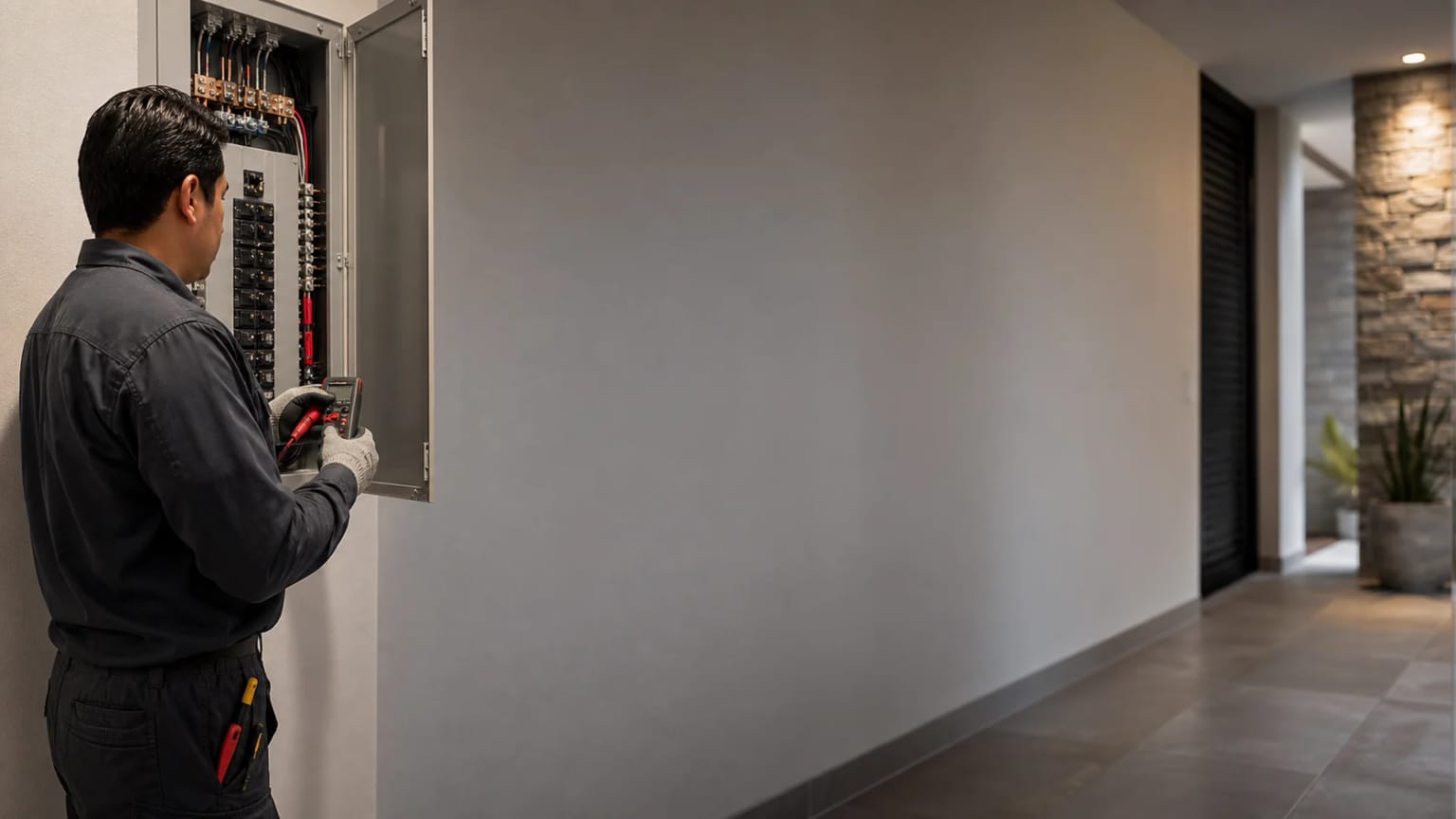 Electricista revisando de forma segura un centro de carga residencial